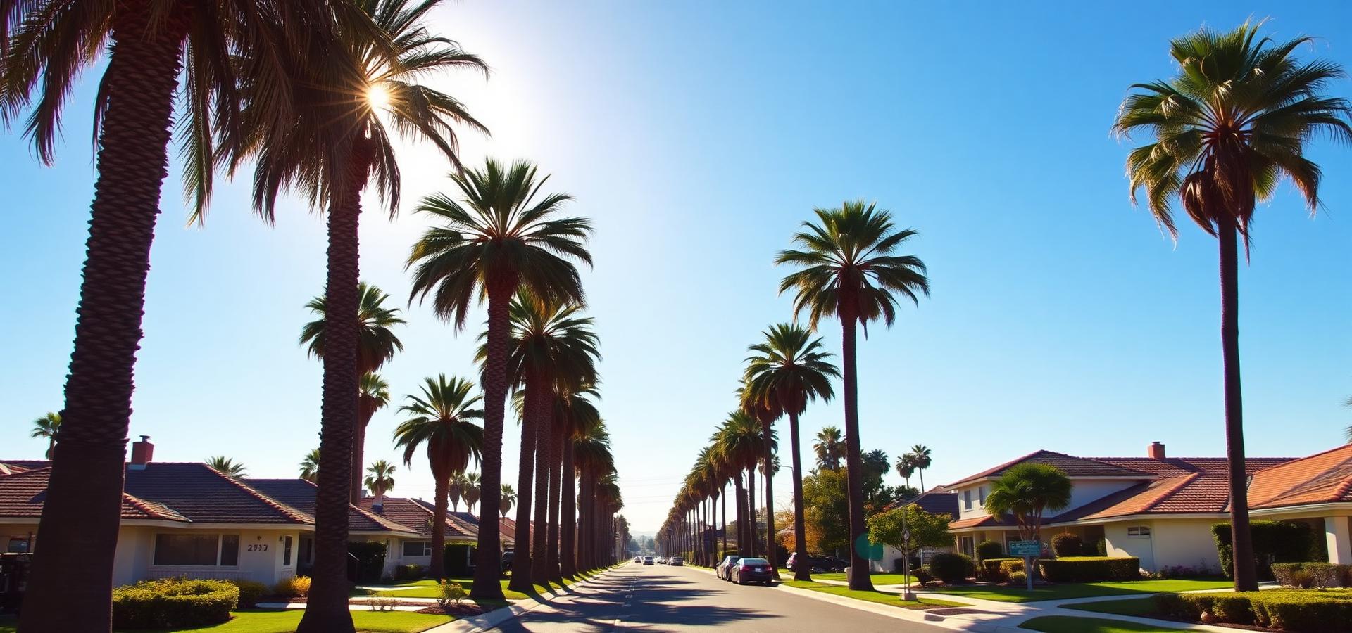 Sunny California neighborhood with palm trees