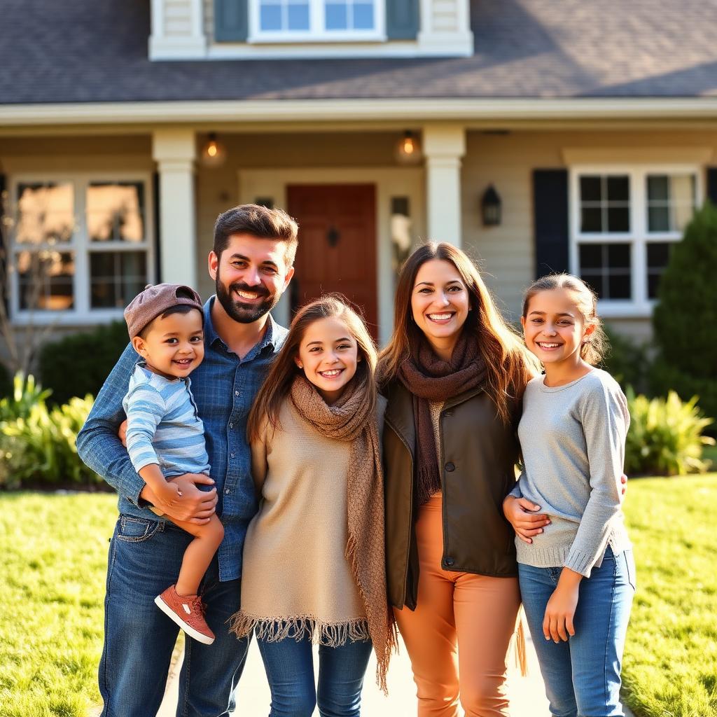 Happy family in front of their California home